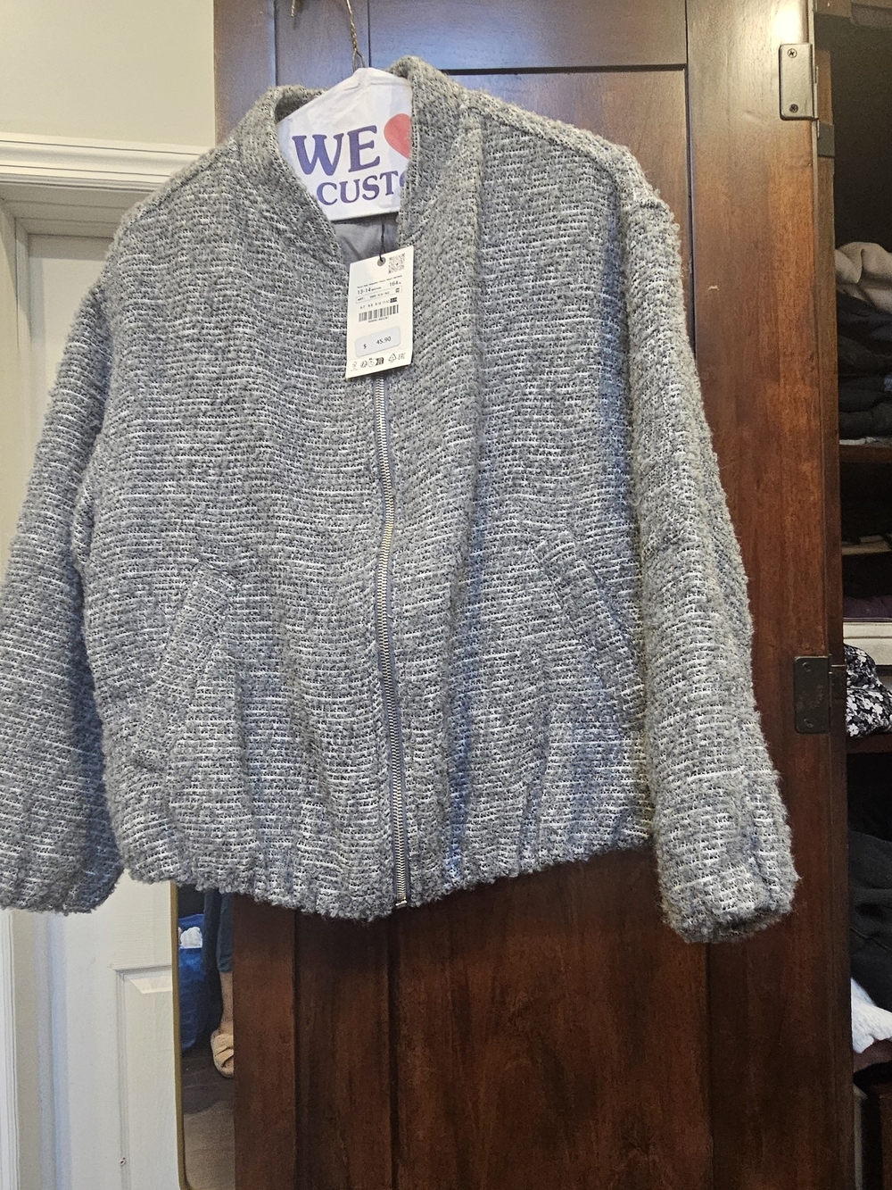 Zara Gray Bouclé Bomber Jacket with Zip